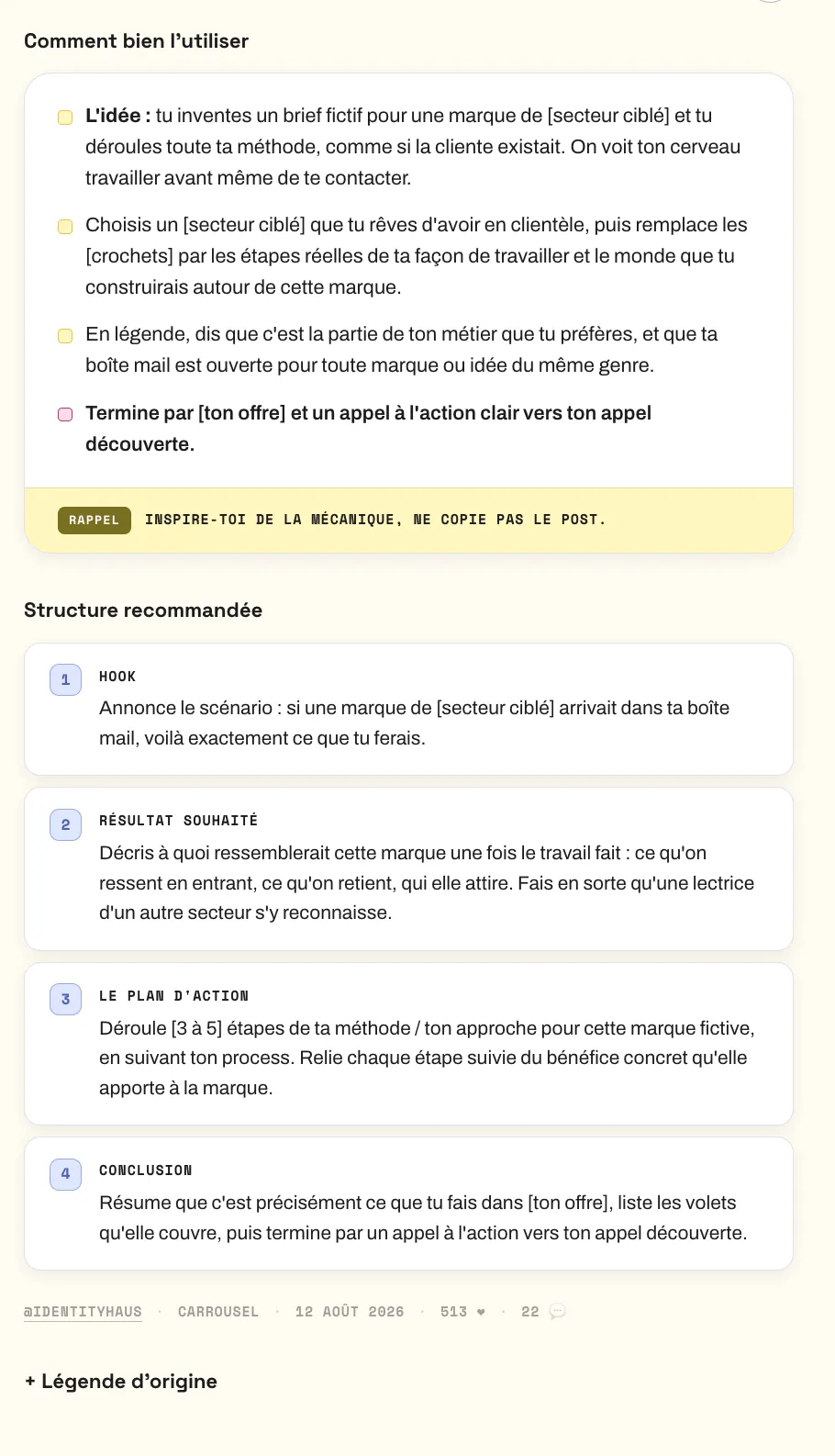 Une fiche de la Bibliothèque : le post d’origine, sa mécanique et son modèle à remplir