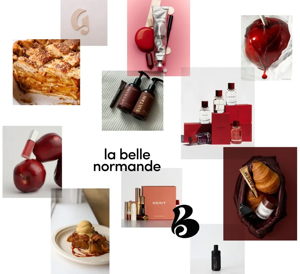 Moodboard « la belle normande » : la direction rouge et gourmande — pommes, tarte, flacons bordeaux