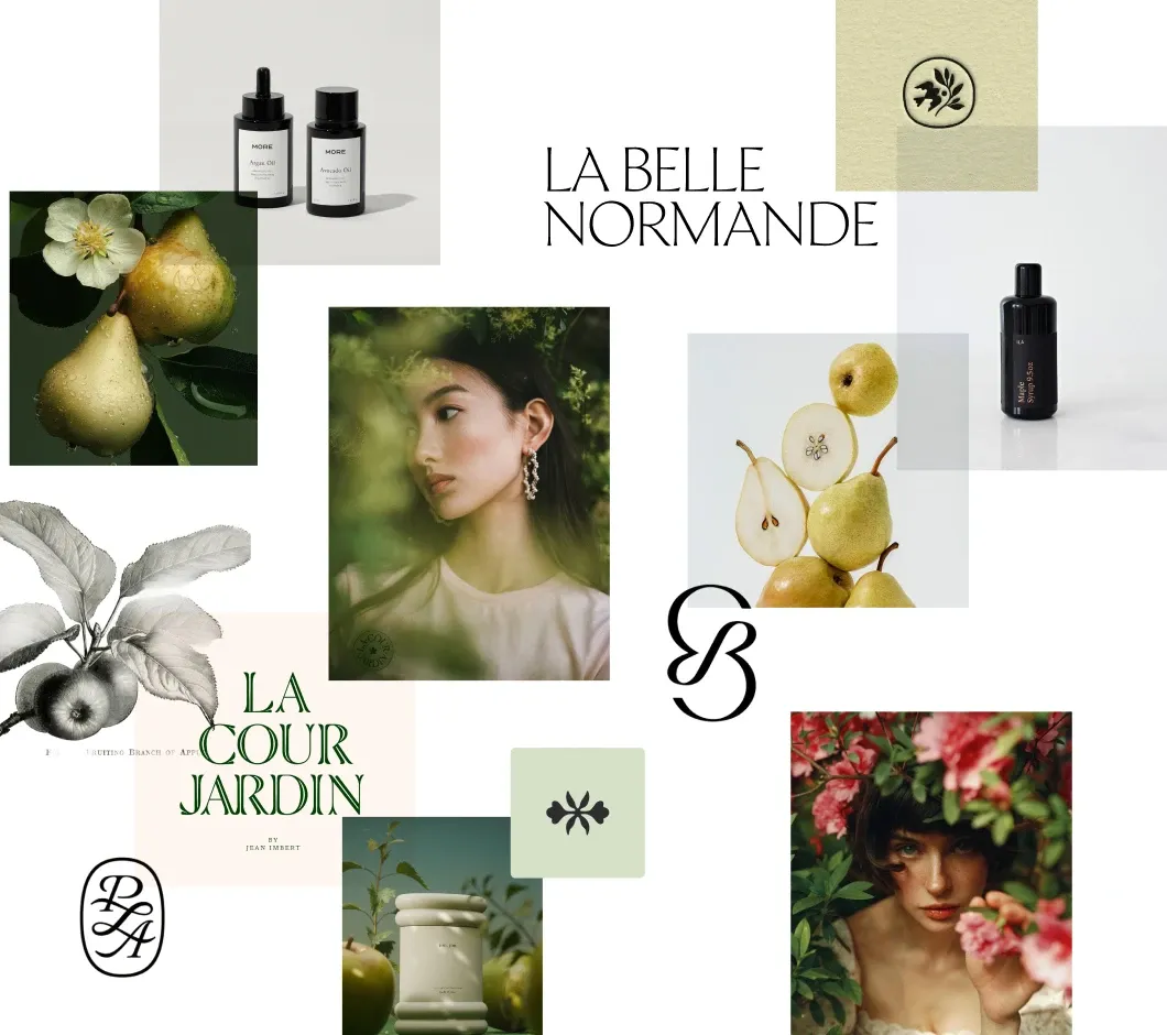 Moodboard « la belle normande » : la direction verte et végétale — poires, verger, flacons sombres